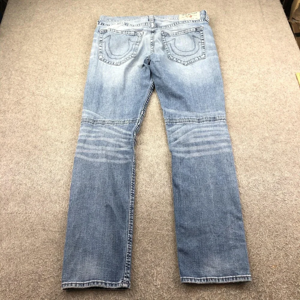 True Religion Jeans Mens 36x33 Blue Light Wash Regular Straight Moto Biker Denim